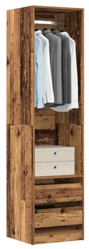 Ziaphsol Kleiderschrank Altholz-Optik 50 x 50 x 200 cm Holzwerkstoff mit Kleiderstange und Fächern, Garderobenschrank für Schlafzimmer, Ankleidezimmer und Flur, kompakt und stabil