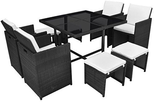 Festnight 21-teilige Garten-Essgruppe aus Polyrattan Gartenmöbel-Set Tischset Sitzgruppe mit 1 Gartentisch + 4 Gartenstühle + 4 Hocker + 12 Kisssen Schwarz