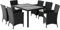 Casaria® Gartenmöbel Set 6 Stühle inkl. 7cm Polster Tisch 150x90cm Polyrattan wetterfest stapelbar Outdoor Balkon Terrasse 160kg belastbar modernes WPC Schwarz
