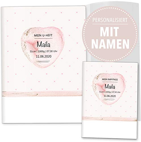 OLGS U-Heft Hülle 3-teilig Set rosa Herzchen Untersuchungsheft Hülle & Impfpasshülle schöne Geschenkidee mit Namen und Geburtsdatum (Uhefthülle, Impfpasshülle 3-teilig personalisiert, Rosa Herz)