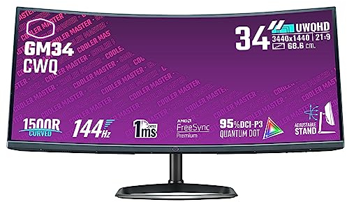 Cooler Master GM34-CW Monitor Gaming Curvo - 34 1500R UWQHD (3440x1440) 144Hz/1ms VA Quantum Dot LED Pannello (Display HDR 400), AMD FreeSync 2, Altoparlanti Incorporati, DP & HDMI - Presa EU
