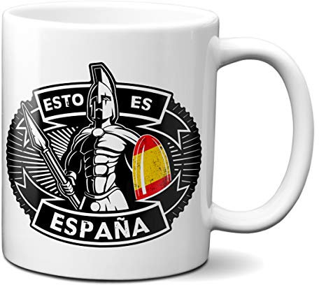 Planetacase - Taza Esto es España Estilo Espartano - Leonidas con Bandera Española - Regalo Original y Patriota - Cerámica Blanca - Apta para Microondas y Lavavajillas - 330 mL, 1 Unidad