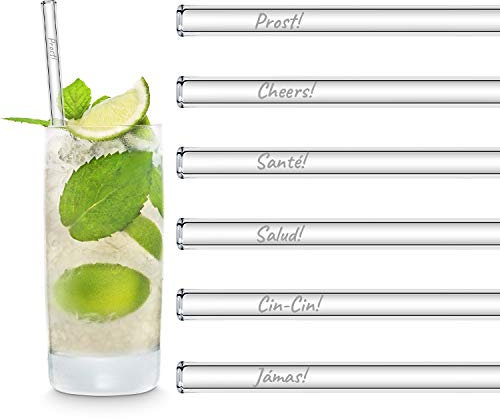 HALM Glasstrohhalme Set Prost Edition International in 6 verschiedenen Sprachen Cheers Santé Salud Cin-Cin Spülmaschinenfest Wiederverwendbar