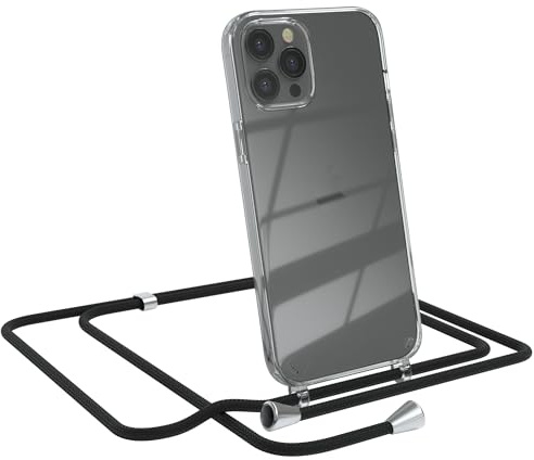 EAZY CASE Handykette kompatibel mit iPhone 12 Pro Max Handyhülle mit Umhängeband, Handykordel mit Schutzhülle, Silikonhülle, Hülle mit Band, Stylische Kette für Smartphones, Schwarz