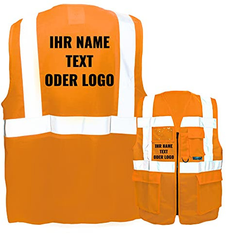 Warnweste mit Reißverschluss und Taschen * Druck auf Rücken + Front/Standard-Druck * Farbe & Größe: Orange/Größe M * Aufdruck selbst gestalten * Bedruckt mit Design Foto Text Logo