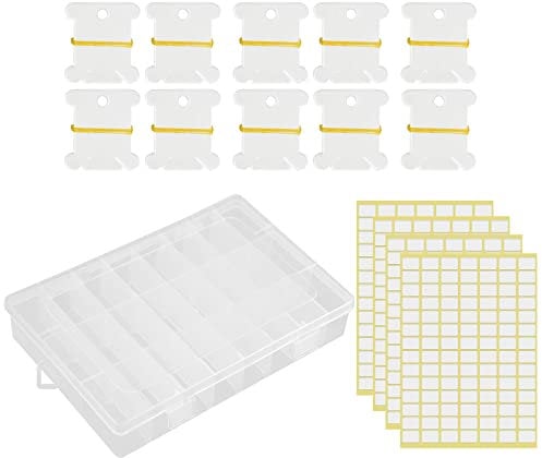 Mikihat Accessori per Punto Croce, Scatola Porta Fili Punto Croce, 24 Griglie Scatola Organizer per Filati da Ricamo con 100 PCS Rocchetti per Cucito e 4 PCS Adesivi Vuoti