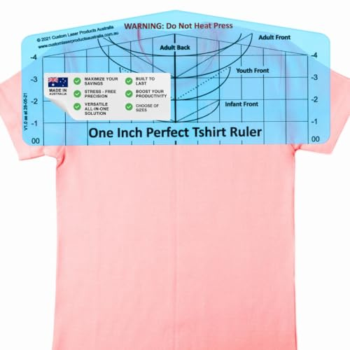 T-Shirt Ruler Guide, Neckline Heat Press Alignment Tool | Australian Designed and Made; DTF and Embroidery; Pocket and Custom Positions; Neckline and Shoulder Reference; PETG