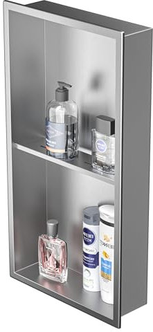 Bernkot Duschnische aus Edelstahl Silber 60 x 30 cm Keine Fliesen erforderlich Wandnische Doppelregale versenkte Duschnische zur Aufbewahrung im Badezimmer, Überbaumontage