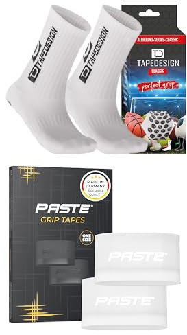 PASTE - XL 2er Set: TAPEDESIGN Fußball-Socken (Classic) Schienbeinschonerhalter (weiß) - Sport- & Fussball-Socken mit Schienbeinschoner Halterung & Sport-Socken Kinder, Herren, Damen