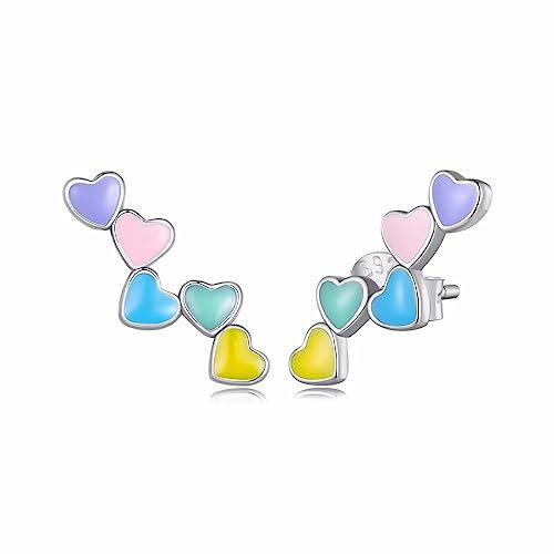 Qings Pendientes Trepadores Corazón Mujer Plata de Ley 925, Colorido Esmalte Climber Hipoalergénicos Regalo de Cumpleaños para Niña