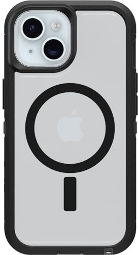 OtterBox iPhone 15, iPhone 14, and iPhone 13 Defender Series XT Clear Case - DARK SIDE (Black/Clear), screenless, rugged, snaps to MagSafe, lanyard attachment
