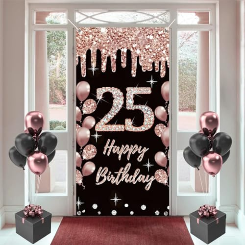 25 Geburtstag Dekorationen für Frauen, Happy 25 Years Old Stoff Schild Poster Rosegold Hintergrund Tür Banner, 25 Geburtstag Party Supplies Foto Hintergrund Willkommensschild, 180 cm x 90 cm