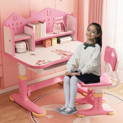 OSKOPWRC Set di scrivania e sedia per bambini, altezza regolabile, scrivania da studio con leggio e cassetto, tavolo da studio per casa, scuola, ragazzi e ragazze, rosa