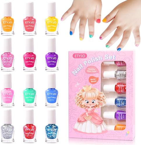 ETYJO Kindernagellack Ungiftig - 12 Farben Glitzer für Mädchen, Schnelltrocknend Peel-Off auf Wasserbasis, Kleinkinder Perfekt Geburtstagsgeschenke