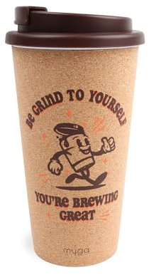 Myga Reusable Coffee Cup - 450ml Leakproof Double Walled Insulated Travel Mug with Lid - Large BPA-Free Eco-Friendly Cork Thermal Cup for Hot & Cold Drinks - Be Grind