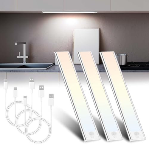 3 Piezas 30 cm Lámpara LED Armario con Sensor Movimiento, USB Recargable Luz Nocturna, Magnéticas Regulables Luz LED Armario, Iluminacion Luz Sin Cables para Dormitorio, Escaleras, Pasillo, Garaje