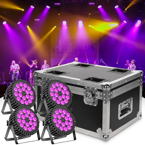 DELIBANG 4 Stück 200W 18 LED Par Bühnenlicht + 1 Stück Flightcase -Set, RGB+UV 8CH Par LED Strahler, Auto/Strobe/DMX512/Master-Slave/Leises Scrollrad/Hartschale/Baumwolle Futter/62,5 x 41 x 45,5 cm