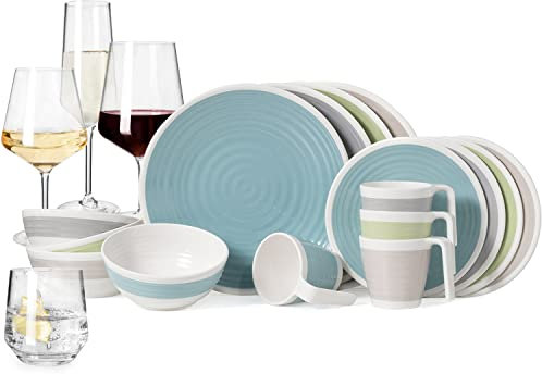 Melamin Camping Geschirr Set 4 Personen Harmonie 16 Teilig + 16 Milano Gläser Wassergläser Weingläser Champagner-Gläser Flûtes Tafelgeschirr Picknick BBQ Kochgeschirr