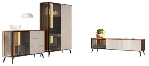 Mirjan24 Wohnzimmer-Set Optar I, Anbauwand, Wohnzimmerschrank, LED-Beleuchtung im Set, Metallfüße, Schrankwand, im Set: Kommode, TV Schrank, Kommode, Vitrine (Bella Noce/Cashmere)