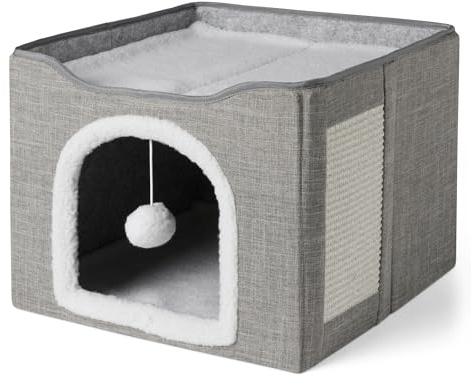 Amazon Basics Katzenhaus 1-Stöckiges Katzenbett für Hauskatzen, Katzenwürfel mit Spielball zum Aufhängen und Kratzmatte, Faltbare Katzenhöhle, 41,9cm x 41,9cm x 33,0cm, Grau