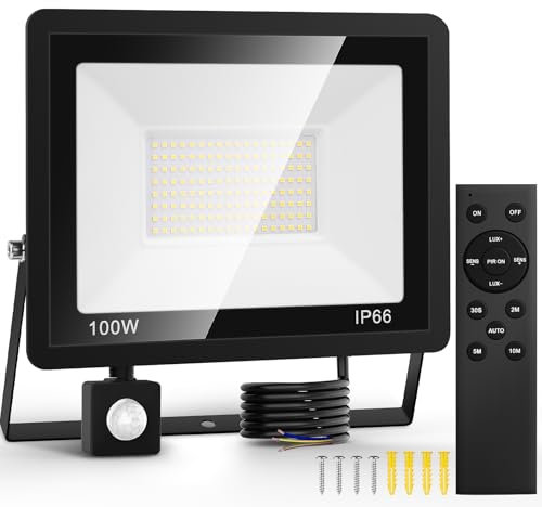 100W LED Strahler mit Bewegungsmelder, 6500K Außenlampe mit Fernbedienung, Kaltweiß Superhell Fluter Scheinwerfer Licht, IP66 Wasserdicht Außenbeleuchtung Lampe Aussen Detector für Innenhöfe, Garden