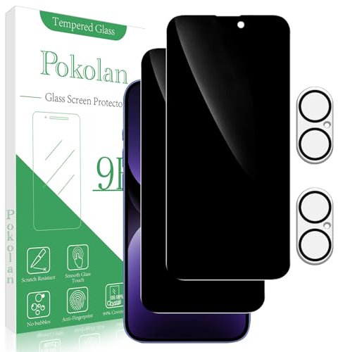 Pokolan Sichtschutz für iPhone 16 Schutzfolie, 2 Stück Schutzglas und 2 Stück Kameraschutz, Anti Spy Displayschutzfolie, Frei von Kratzern, 9H Härte, Blasenfrei, Ultrabeständig