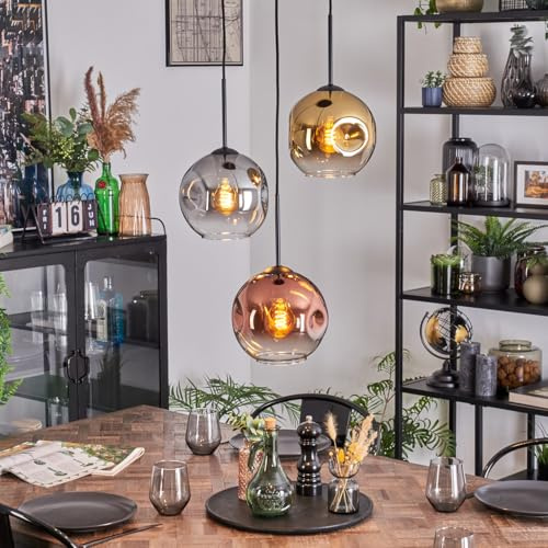 HOFSTEIN Hängeleuchte Ripoll, 3-flammige Hängelampe aus Metall/Glas in Schwarz/Chrom/Rauch/Kupfer/Gold/Klar, Pendelleuchte im Retro/Vintage-Design, Schirme Ø 20 cm, E27, Esszimmer, Küche, Wohnzimmer