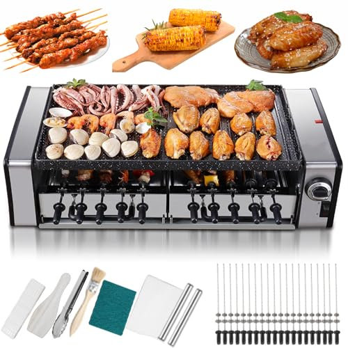 Electric Indoor BBQ Grill - Nonstick Smokeless Grill Machine with 10 Skewers & Baking Forks, Perfect for Cheese Dishes and Cooking Parties