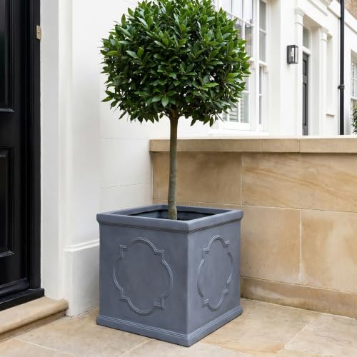 IDEALIST Plant Pots 30cm Plant Pot Grey Reinforced Stone Square Planter 27L | 1 Pack, L30 W30 H30 cm, Medium Size, Faux Lead, Frostproof, Drainage Holes, Lightweight
