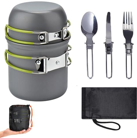 Fyearfly Ultraleichtes Camping-Kochgeschirr-Set - Kompakte, langlebige Utensilien zum Wandern, Picknick, Rucksackreisen - Erschwingliches Geschirr für 1-2 Personen Topf und Pfanne