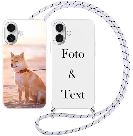 Yoedge Funda con Cuerda para iPhone 17 6,3 Movil Personalizada Foto Imagen Texto Letras Diseño, Blanco Carcasa Personalizable con Correa Colgante Cordón Cover Caso Custom para iPhone 17 Case