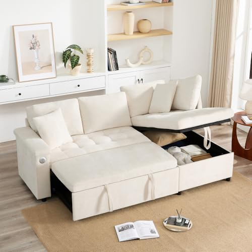 Sapgaks Ecksofa mit L-Form, umwandelbar mit USB, Schlafsofa mit Ausziehfunktion, umwandelbares 3-Sitzer-Sofa, 3-Sitzer-Wohnzimmersofa aus Stoff, Relax, ausgestattet mit Stauraum (Beige)