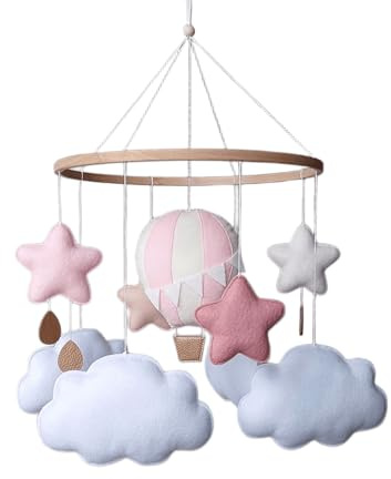 Heißluftballon Baby Mobile für Mädchen – Handgemachtes Filz-Mobile mit Wolken & Sternen in Rosa – Traumhafte Deko fürs Babyzimmer – Geschenk zur Geburt oder Babyparty