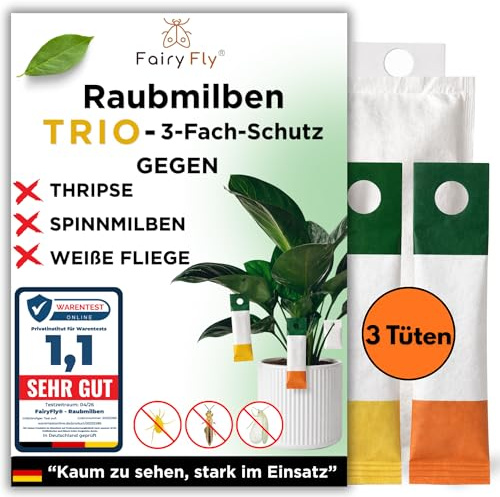 Fairyfly® Raubmilben-TRIO gegen Thripse, Spinnmilben & Weiße Fliege – 3 Tüten Nützlinge für Zimmerpflanzen & Pflanzen – biologische Schädlingsbekämpfung (Cucumeris, Californicus, Swirskii)
