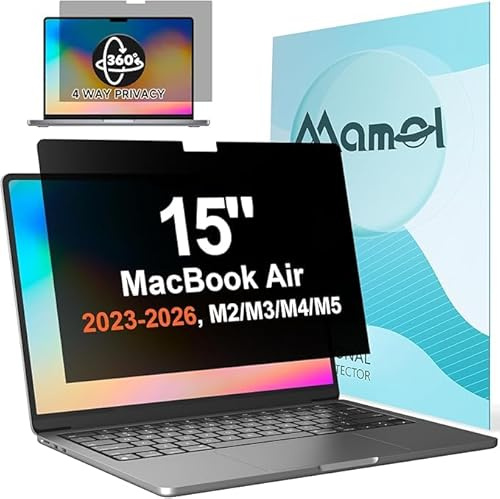 Mamol 360° Privacy Screen for Macbook Air 15 Inch (2023-2026, M2, M3, M4，M5), Anti Glare Blue Light Filter, Nano No Glue Anti Spy Black Protector for Mac Air 15.3In Laptop