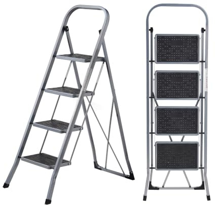 MasterWorx MasterWorks Step Ladder 4 Step, Safety Handle, Max Capacity | Heavy Duty Folding Steel Stepladder, Wide Anti-Slip Steps & Feet, Easy to Store, Home, Kitchen, Garage & DIY Use