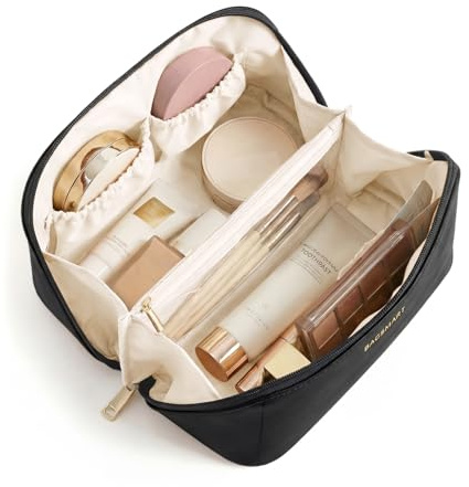 BAGSMART Kosmetiktasche Damen, PU-Leder Reise Schminktasche Tragbare | Make Up Bag, kosmetikbeutel, cosmetic bag Wasserdicht Kulturtasche mit Transparente Trenner und Griff(Schwarz)