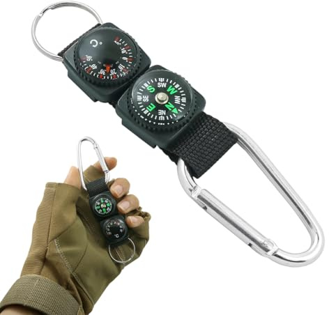 YIPFEN Porte-clés Boussole avec Thermomètre Outil de Navigation Multifonctionnel pour l'Extérieur Mousqueton Porte-clés pour Randonnée Camping Accessoire Pratique pour Aventuriers