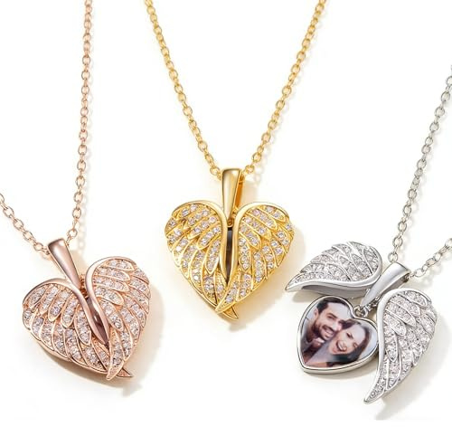 Personalisierte Engelsflügel-Herz-Foto-Medaillon-Halskette, individuelles Bild, 925er Sterlingsilber, kreativer Anhänger, Erinnerungsschmuck, aufklappbar, Geschenke für Frauen, Mutter, Oma, Ehefrau