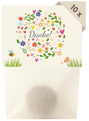 Kleines Dankeschön Geschenk (10 x Samenbomben mit Danke Karte) | Blumensamen als Gastgeschenk, Abschiedsgeschenk oder Mitgebsel - Blumenkugeln als Kleinigkeit für Kollegen und Hochzeit