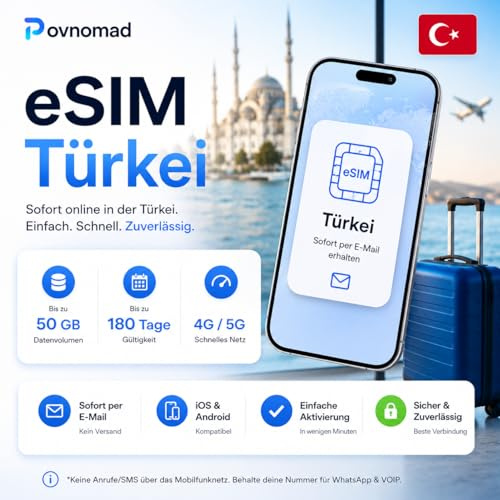 eSIM Türkei 50 GB - 30 Tage Prepaid ohne Vertrag | POVNOMAD | 4G/5G · sofort abrufbar oder per Post · keine physische SIM · ohne Telefonnummer · Hotspot nutzbar · bis 180 Tage