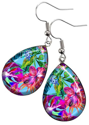 Boucles d'Oreilles Gouttes Fleurs Tropicales Rose Fuchsia Bleu Turquoise Cabochons en Acier Inoxydable