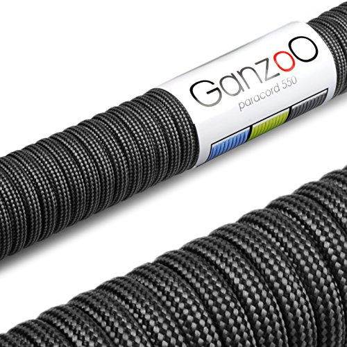 Ganzoo Paracord 550 Seil, Nylon-Polyester, 4mm, Typ 3, 30 Meter, 7 Kernstränge, Outdoor-Schnur, Allzweck-Seil, Hundehalsband, Hundeleine, Armband knüpfen, Camping, Survival - schwarz grau