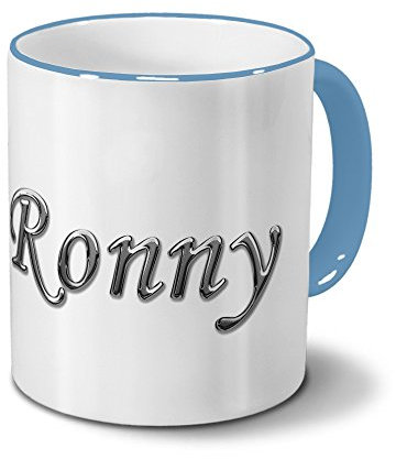 printplanet Tasse mit Namen Ronny - Motiv Chrom-Schriftzug - Namenstasse, Kaffeebecher, Mug, Becher, Kaffeetasse - Farbe Hellblau