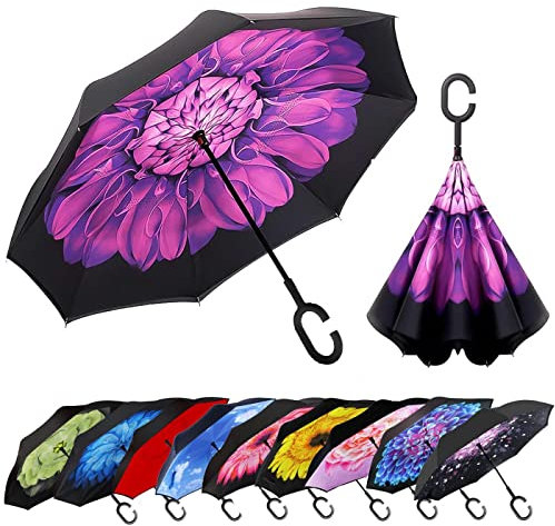 MRTLLOA Winddichter umgekehrter Regenschirm mit UV-Schutz, C-förmiger Griff, doppellagiger Stockschirm für Regen (Lila Blume)