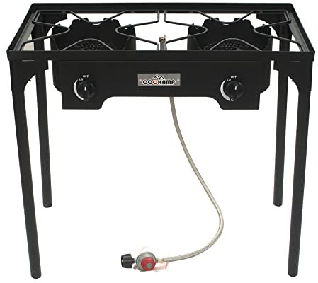 COOKAMP Réchaud de camping extérieur haute pression 2 brûleurs avec régulateur réglable de 0 à 20 PSI et tuyau en acier renforcé [modèle 2018] SA2500