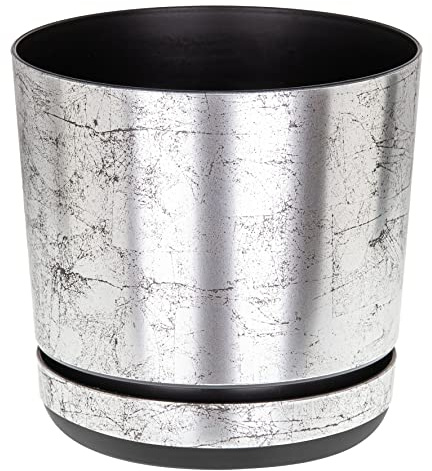 KORAD Old Silver Indoor Plant Pots with Drainage Holes and Attached Saucer, Round Modern Decorative Plastic Flowerpots for Houseplants, Succulents, 6 Sizes, 25 Colour Options- (14 cm(5.5 inches))
