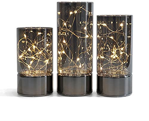 Rhytsing Set of 3 Glass Cylinder Lanterns LED Table Lamp with Fairy Lights, Battery Operated Candles with Timer Function