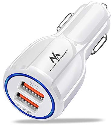 Maclean MCE478 2-Fach USB Ladegerät Zigarettenanzünder Quick Charge 3.0 bis 30W Schnellladung KFZ 1xQC3.0 5V/3A, 9V/1.8A, 12V/1.6A 1x 5V/3.1A Autoladegerät (Weiß)