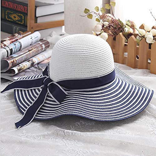 Sonnenhut Strohhut Hut Damen Mode Hut Wind Schwarz Weiß Gestreifter Bowknot Sonnenhut Schöne Frauen Stroh Strandhut Breite Krempe Cap-Blau